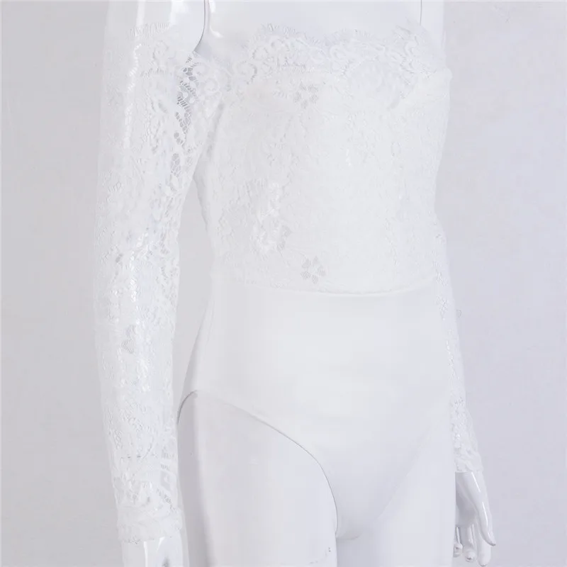 Женское осеннее Кружевное боди с длинным рукавом и открытыми плечами|short