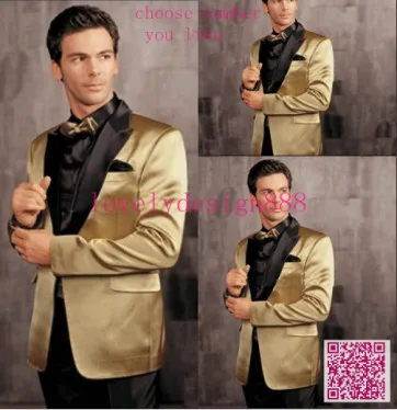 

Hot Sales Brilliant Yellow Jacket With Black Lapel Groom Tuxedos Groomsmen Best Man Suits Mens Wedding/Business Tuxedos