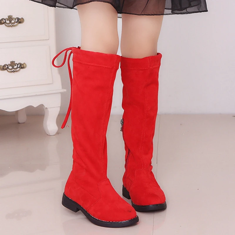 Winter Fashion Child Girls Snow Boots Warm Plush Shoes Nubuck Lether Princess Boots Girls High Long Boots Red Black Brown KS454