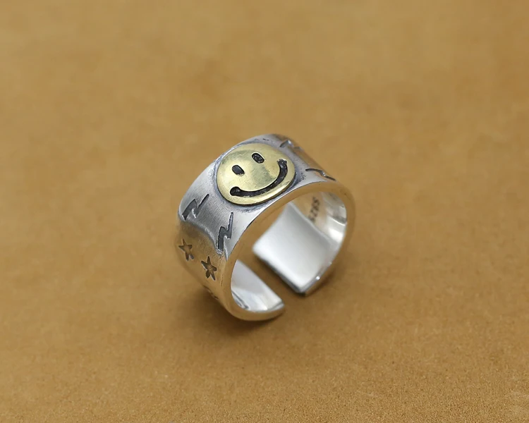 Мужские серебряные кольца манжеты Smile Face толстые ручной работы из тайского