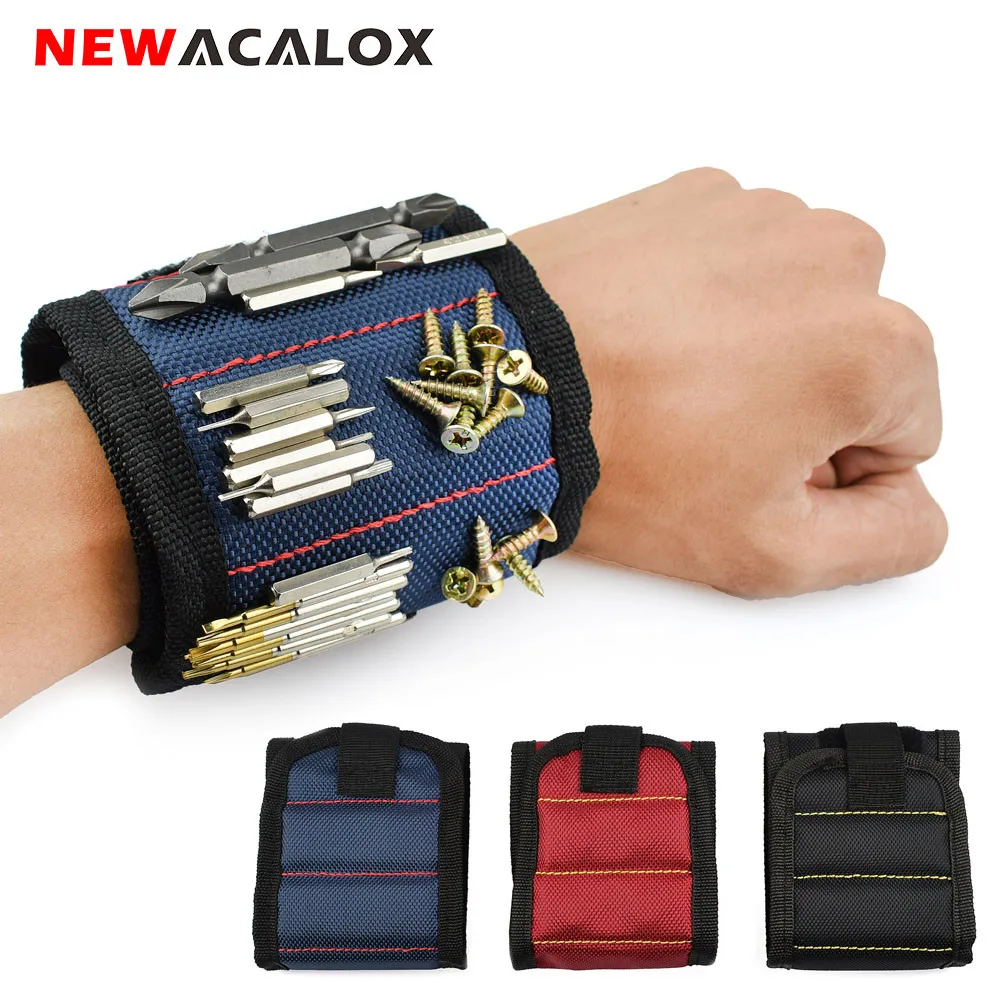

NEWACALOX Polyester Magnetic Wristband Portable Tool Bag Electrician Wrist Tool Belt Screws Nails Drill Bits Holder Repair Tools