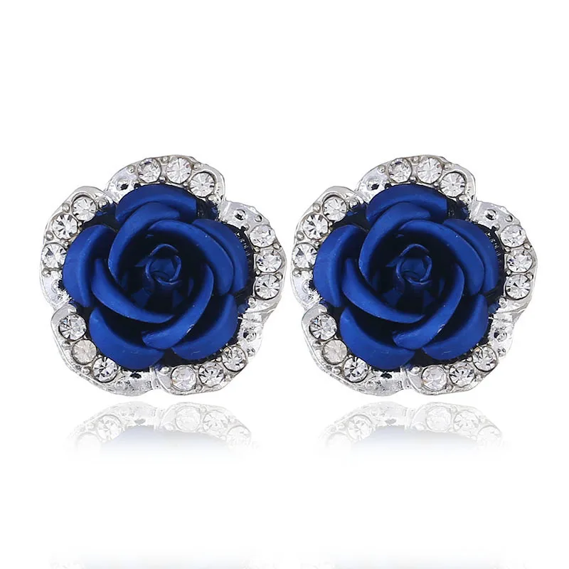 

2018 Summer Fashion Luxury Rose Flower Rhinestones Clip Earrings Personality Metal Flower Petals Earrings Women Charm Jewelry