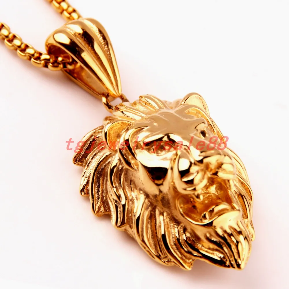 

Perfect Popular Stainless Steel Box Chain Choker Huge Gold Color Handsome Men's Lion Head Pendant Necklace Xmas Jewelry
