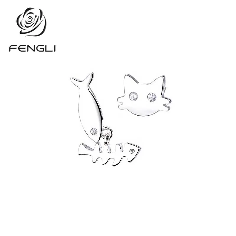 Женские серьги гвоздики в форме кошки FENGLI серебряные 925 пробы романтические с