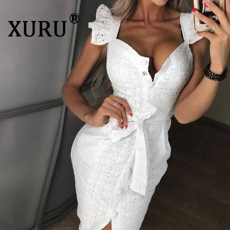 XURU летнее новое платье с квадратным воротником и вышивкой облегающее