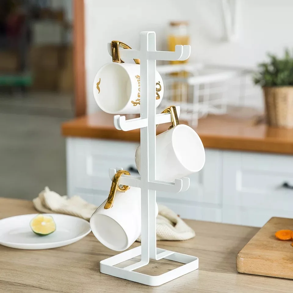 

Creative Cup Rack Iron Coffee Tea Storage Holder Stand Kitchen Mug Hanging Display Rack Drinkware Shelf with 6 Hooks Organizer