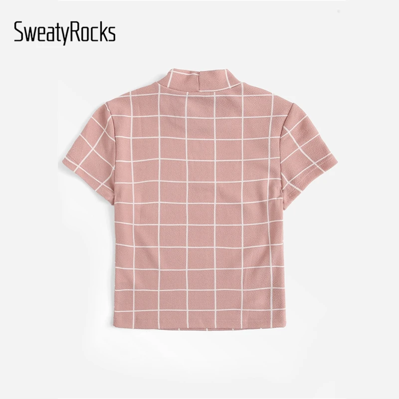 SweatyRocks футболка с воротником-стойкой, элегантная розовая клетчатая футболка, уличная летняя футболка, модные повседневные женские футболки с коротким рукавом