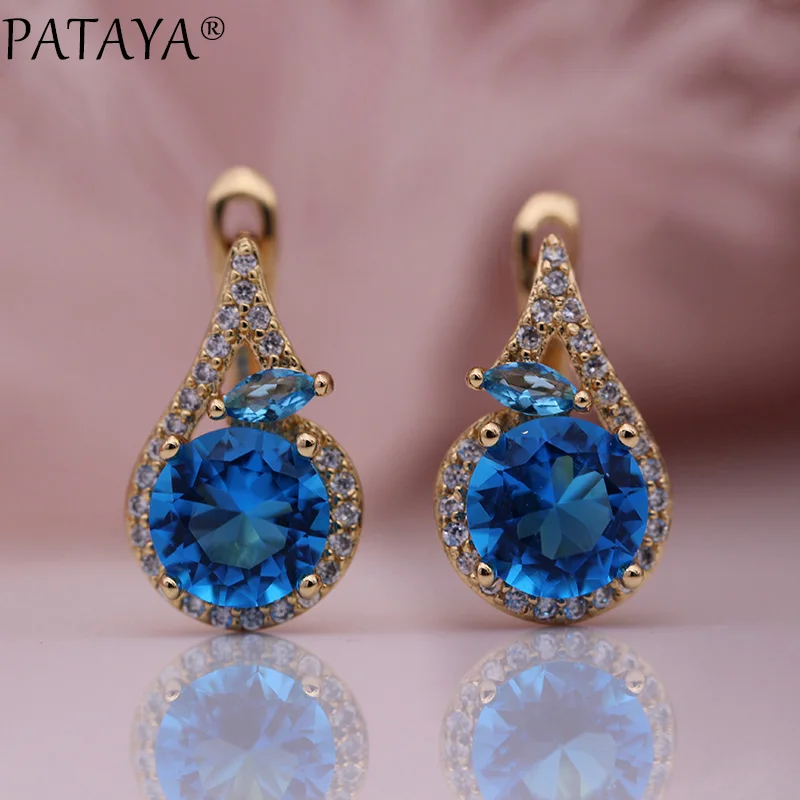 Sea Blue PATAYA новые женские изящные благородные висячие серьги в виде лошадиного глаза 585 розовое золото круглый синий натуральный циркон Свадебные вечерние милые модные ювелирные изделия - Окраска металла: Sea Blue