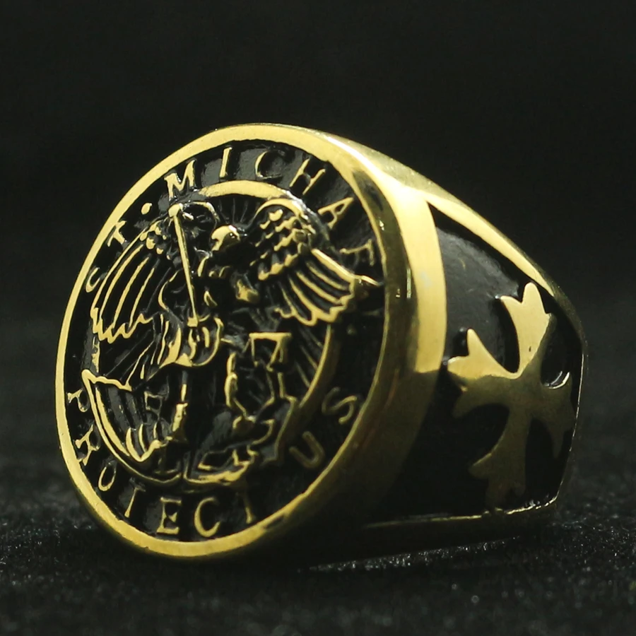 Мужское большое крестовое кольцо из нержавеющей стали 316L Saint Michael Protect US|Кольца| |