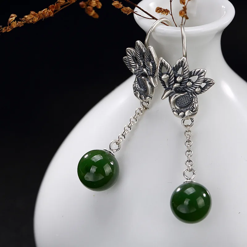 

Серебряный S925 стерлингового серебра Античный инкрустированные Jade бисер, Феникс леди высокого класса серьги оптом