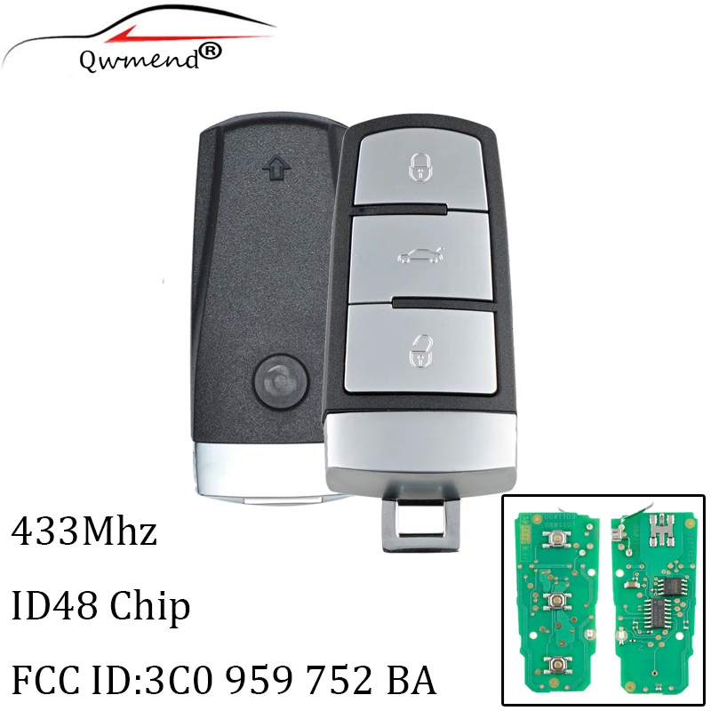 QWMEND необрезанная флип-Умная флип-карта 433 МГц с чипом ID48 3C0959752BA для VolksWagen Passat B6 3C B7