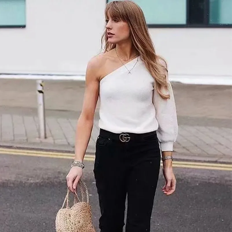 Белый сексуальный свитер на одно плечо осенние женские свитера и пуловеры с