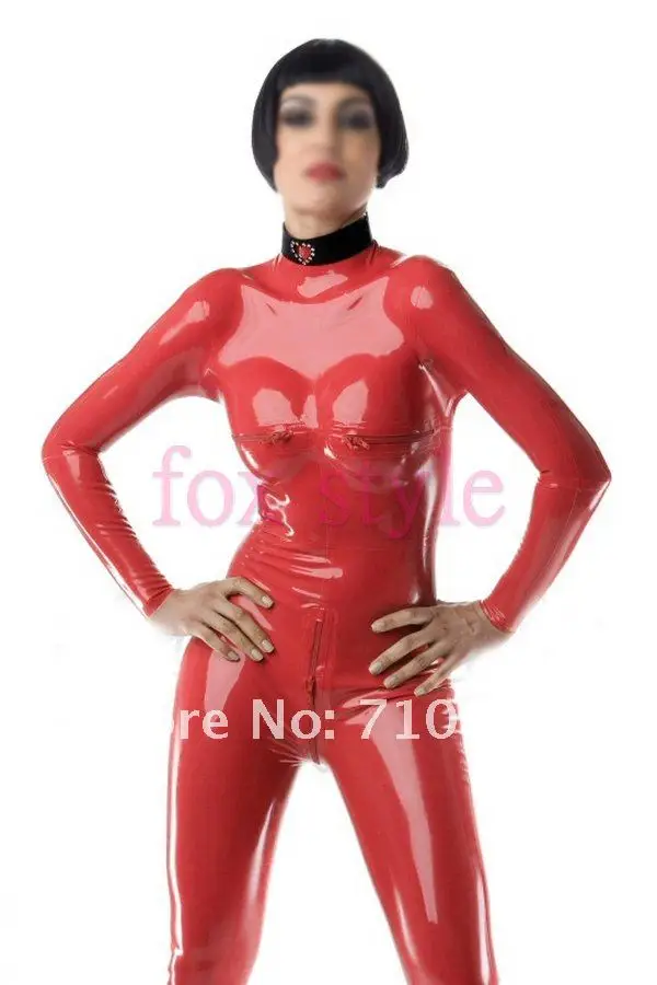 three zip latex full body catsuit in red color no including gloves and socks