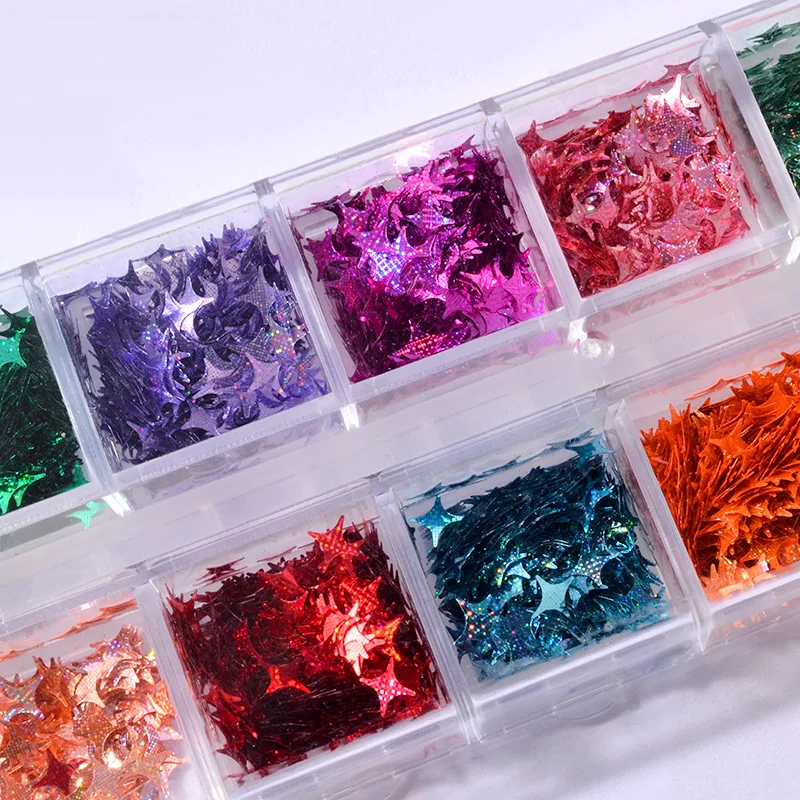 Mtssii 12 Colors/Set Four Angle Stars Shape Holographic Laser Nail Glitter Paillette Sequins 3d Manicure Decal Decorations | Красота и