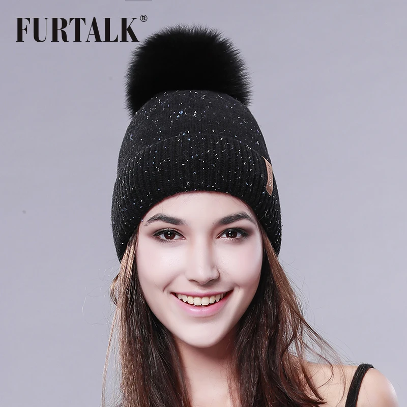 FURTALK Настоящее Меховая Шапка Большой Енота Пом Шляпа Кашемир Шерсть Fox Pom промашка