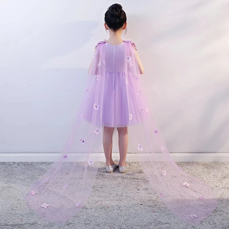 

Summer Children Toddler Purple Sweet Appliques Flowers Birthday Holiday Party Prom Dress Children Kids Host Piano Tutu Dress