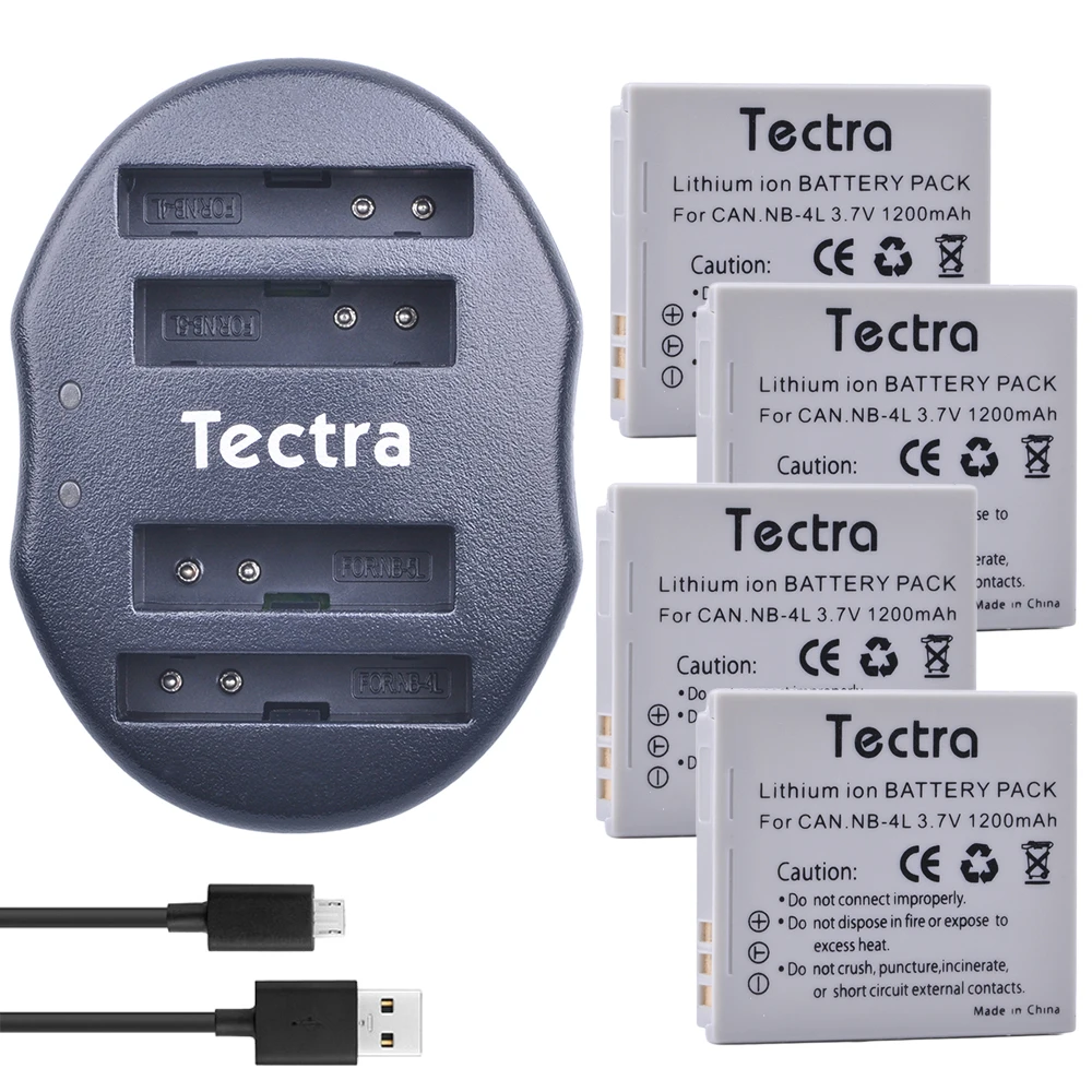 

Tectra 4pcs NB-4L NB4L Li-ion Battery + USB Dual Charger for Canon IXUS 60 65 80 75 100 I20 110 115 120 130 IS 117 220 225 230