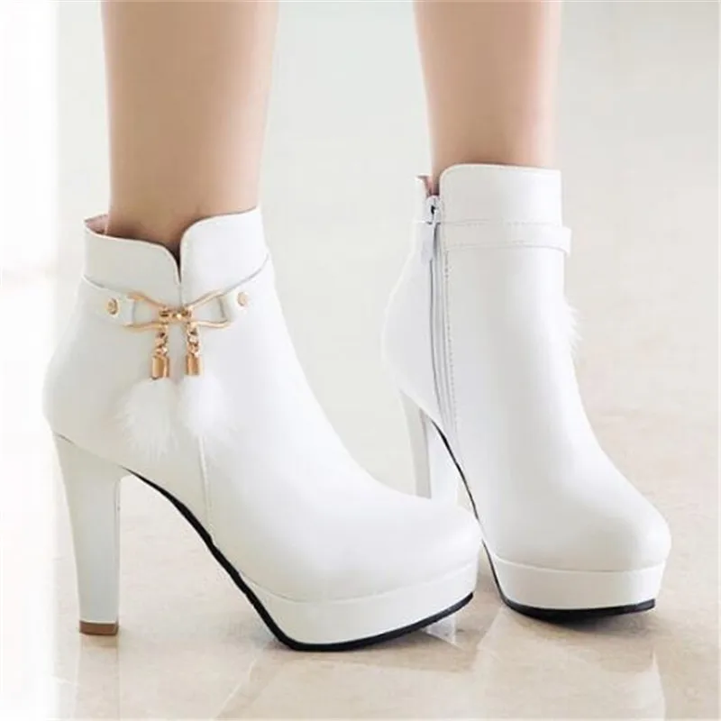 Women Boots Autumn and winter New style fashion High-heeled Short boots Waterproof white Sweet Cashmere Keep warm Boots 34-43