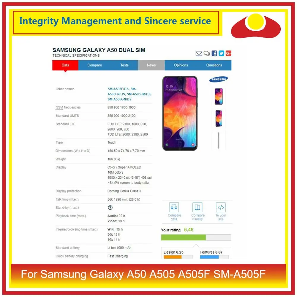 10 шт./лот для Samsung Galaxy A50 A505 A505F SM корпус батарейный отсек Задняя стеклянная крышка