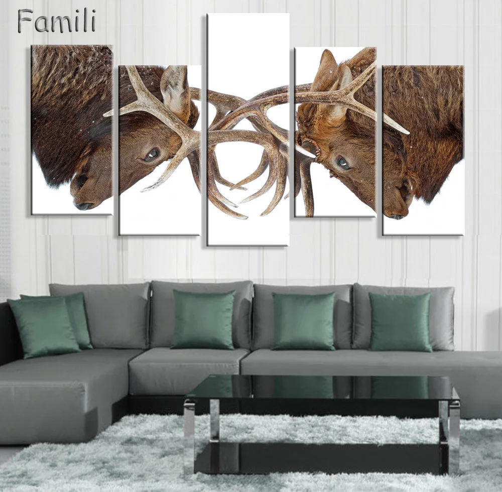 5 картин комбинация оленя зимняя искусственная обмотанная холст рисунок с рогами