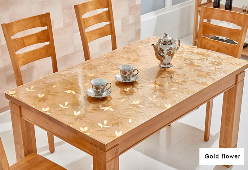 Gold flower Туманная скатерть из ПВХ, водонепроницаемая Прозрачная ПВХ скатерть, прямоугольная скатерть, скатерть для кухни с рисунком, покрытие для обеденного стола из мягкого стекла - Цвет: Gold flower