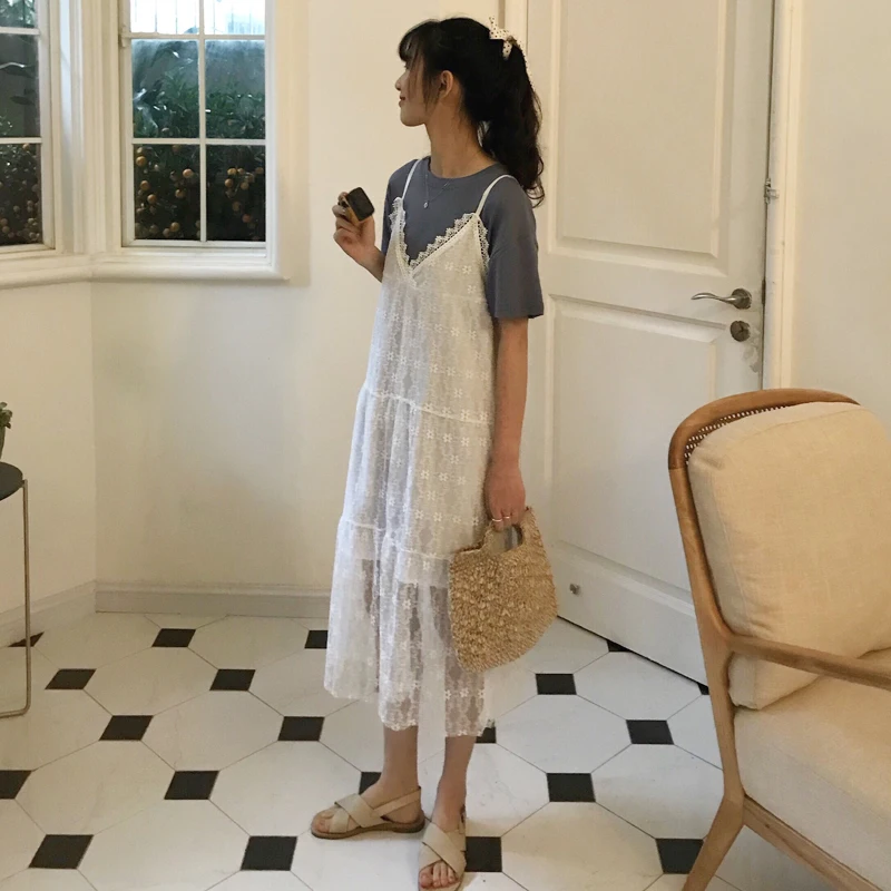 2 цвета летнее платье 2019 корейский стиль женщин Спагетти ремень a линия V шеи