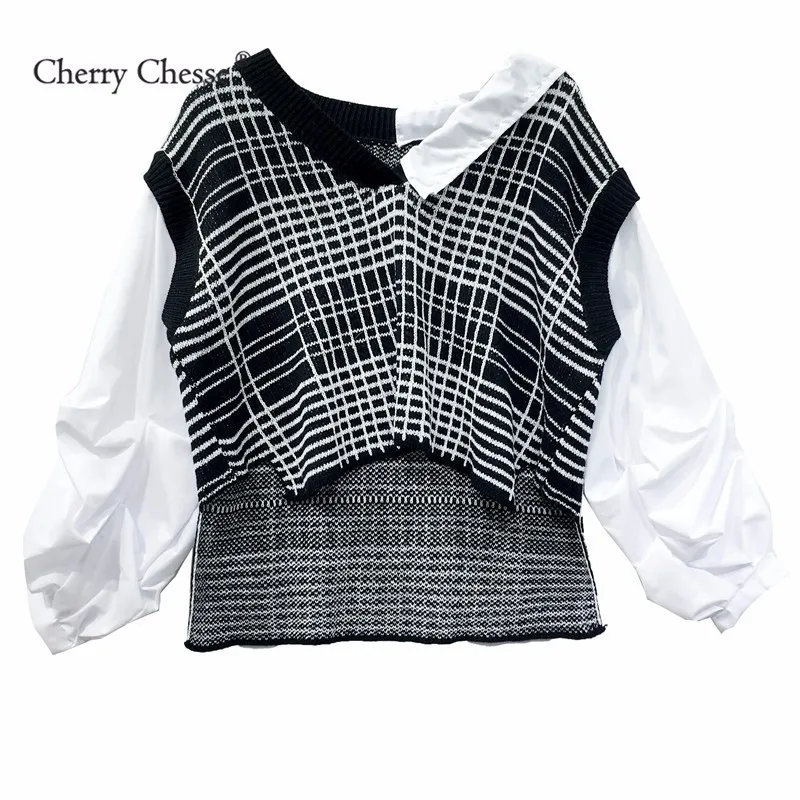 Cherry Chesse Harajuku Лоскутная клетчатая блузка с пышными рукавами Асимметричный Топы