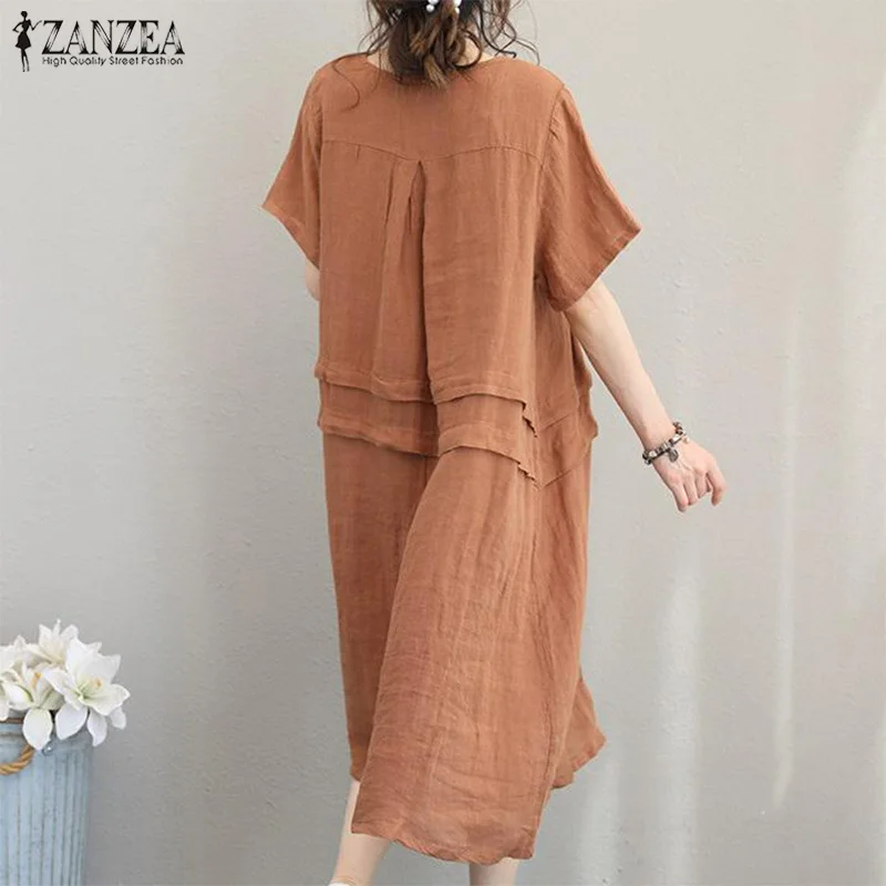 Негабаритных льняное платье для женщин летние миди Vestidos ZANZEA Винтаж Женский короткий рукав открытое легкое платье кафтан мешковатые Вечерние