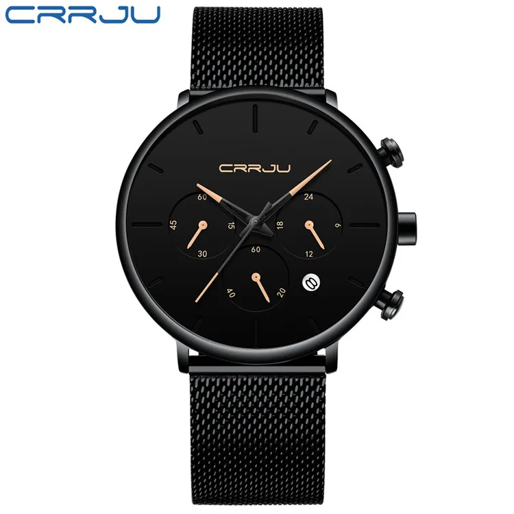 gold Мужские часы Relogio Masculino CRRJU, мужские деловые часы, роскошные повседневные водонепроницаемые спортивные часы, мужские кварцевые часы с 3 циферблатами, тонкие сетчатые часы - Цвет: gold