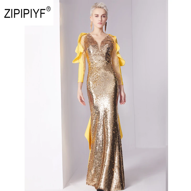 

Original Runway lente jurk Butterfly Sleeves Golden Sequined Maxi Dress Host Party Dresses Vestido saia festa longo AB290