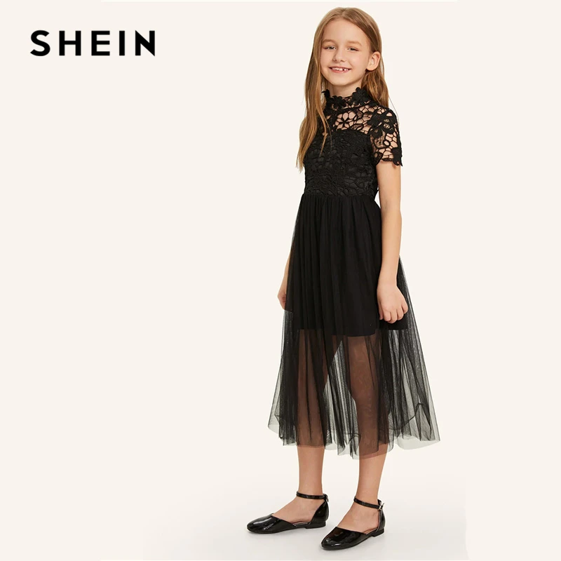 SHEIN Kiddie/черное платье со стоячим воротником и гипюровым корсетом для девочек, нарядное платье года, летние трапециевидные расклешенные Детские платья для девочек