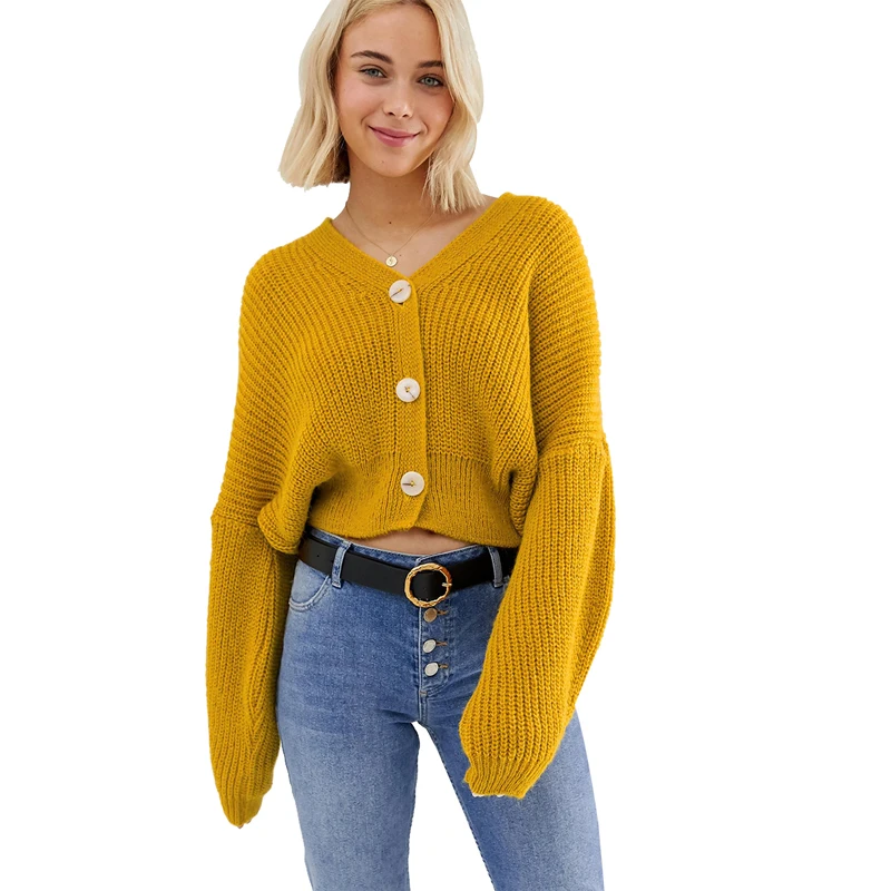 MINSUNDA Yellow Single Breasted Solid Cropped Cardigan Women V Neck Bishop Sleeve Jumper Ladies Oversize Knitted Sweater |