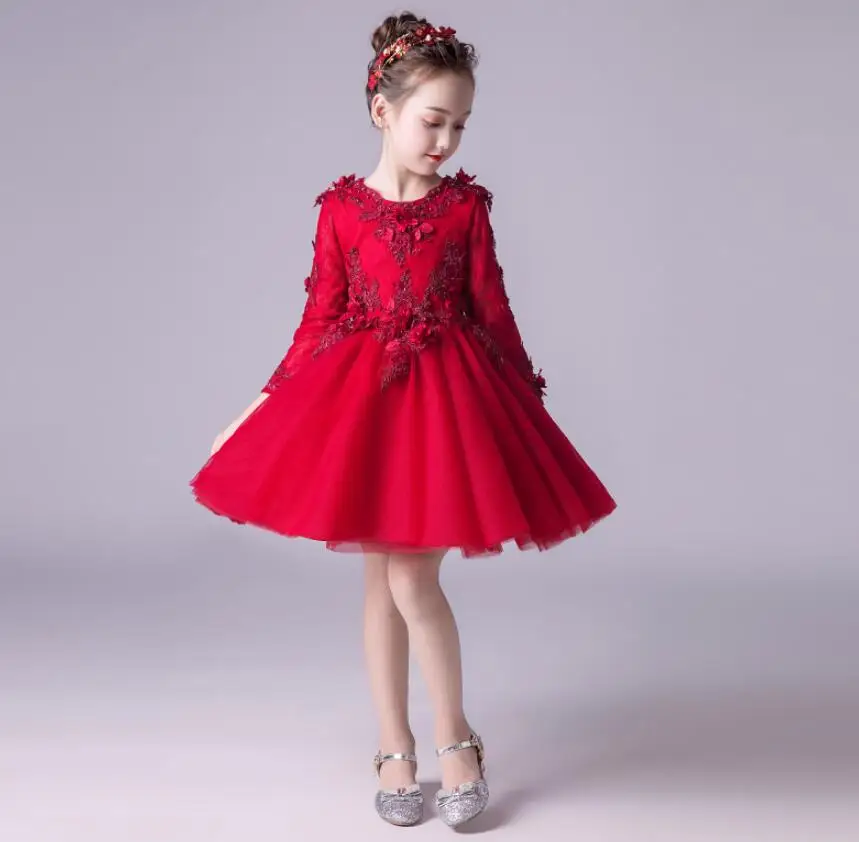 Kids Girl Dress Red Tulle Appliques Flower Party Ball Gown Prom Long Sleeve Kid Princess Wedding First Communion | Детская одежда и