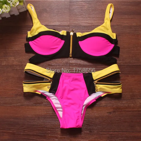 2014 Bandage Bra Padded Bikini Women Swimwear Neon Color Zipper Swimsuit Push Up Bathing Suit Bikinis Set |