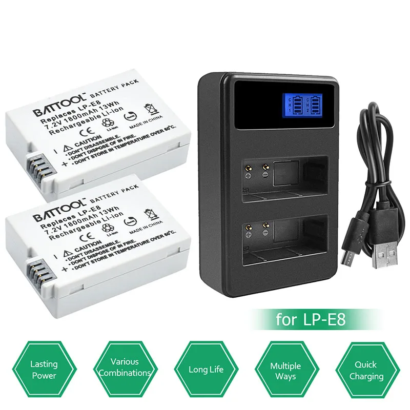 Battool LP-E8 LP E8 1800 mAh батареи LCD Dual Charger пакет для Canon Rebel T2i T3i T4i T5i поцелуй X4 X5 EOS 550D 600D 650D