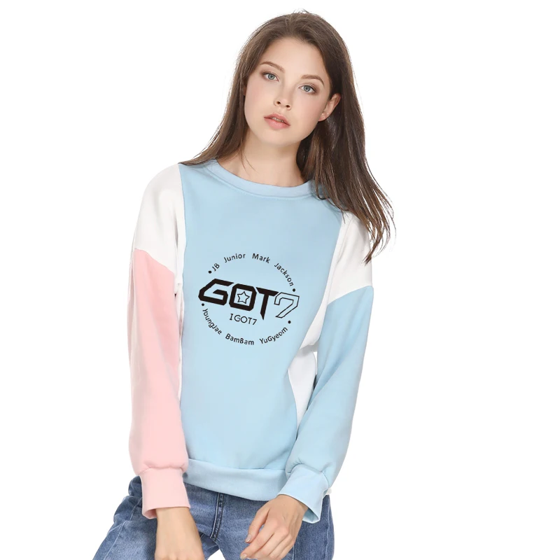 

Winter Fall Sweatershirt For Women Kpop Got7 Letter Print Patchwork Hoodies Harajuku Fleece Thick Pullover Casual Hit Color Tops