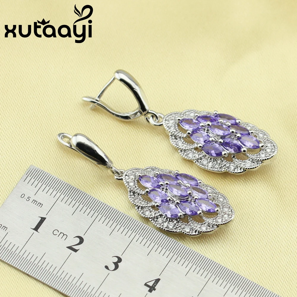XUTAATI набор ювелирных изделий из серебра 4 шт. серьги с фиолетовым цирконием кольцо