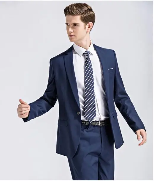 Синие мужские облегающие костюмы из 2 предметов свадебные с отворотом на одной