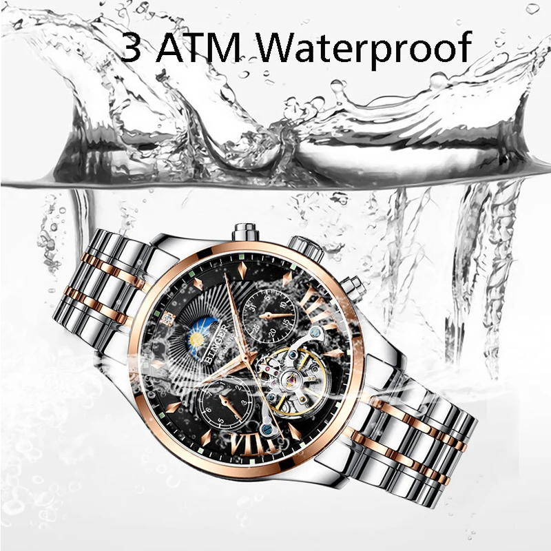 

Switzerland Luxury Men's Watch BINGER Brand Moon phase Mechanical Wristwatches Men Sapphire Full Steel Tourbillon Clock Male