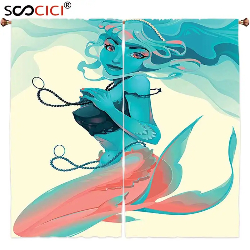 

Оконные шторы, 2 панели, декор русалки, портрет готического стиля русалки с украшениями и макияжем, мифологическое искусство