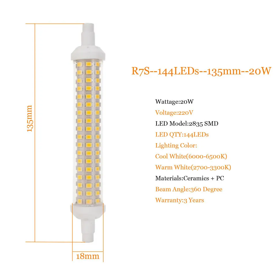 Керамическая Светодиодная лампа SMD2835 R7S 20 Вт 15 10 78 мм 64 светодиода 118 80 светодиодов