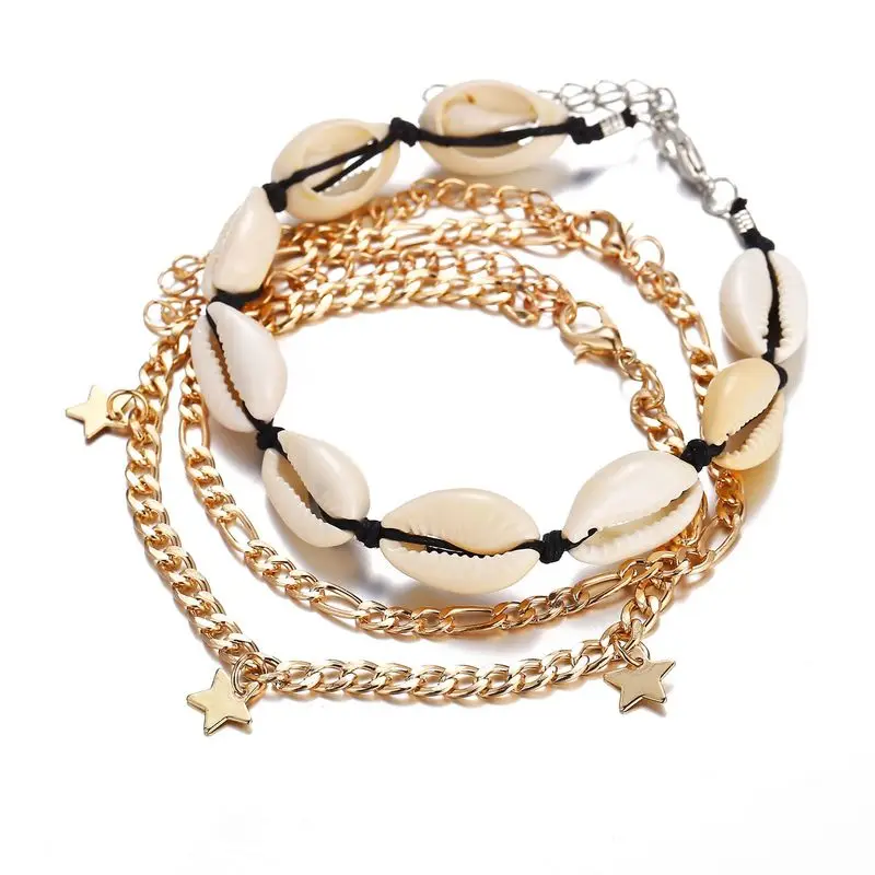 

3 Pcs/set New Foot Chain Gold Color Anklet Creative Shell Star Pendant Leg Ankle Bracelets for Women