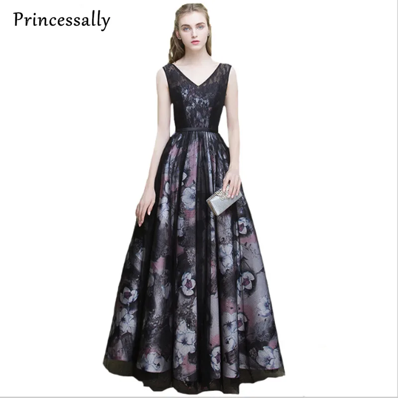 Вечернее платье 2017 кружевное длинное с цветочным принтом Princessally V образный вырез