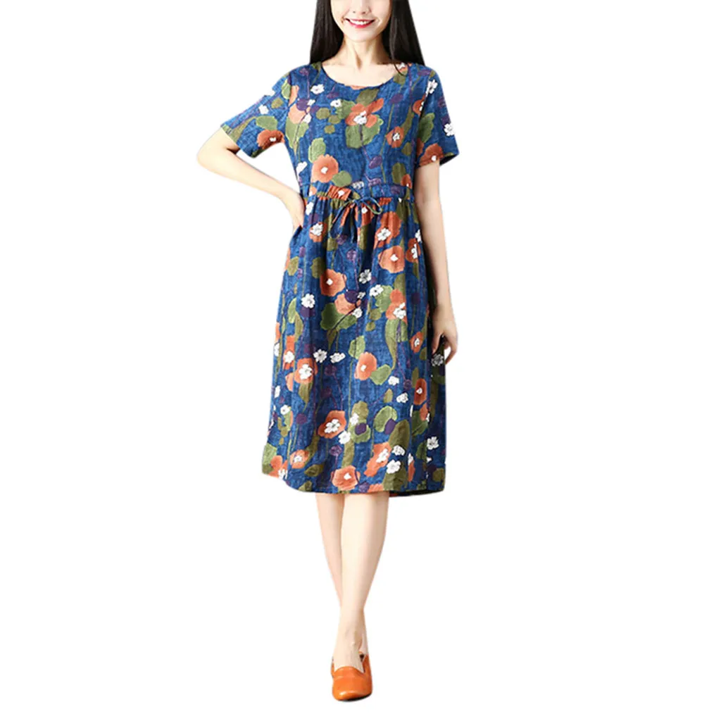 Женское льняное платье с принтом SAGACE свободное повседневное пляжное короткими