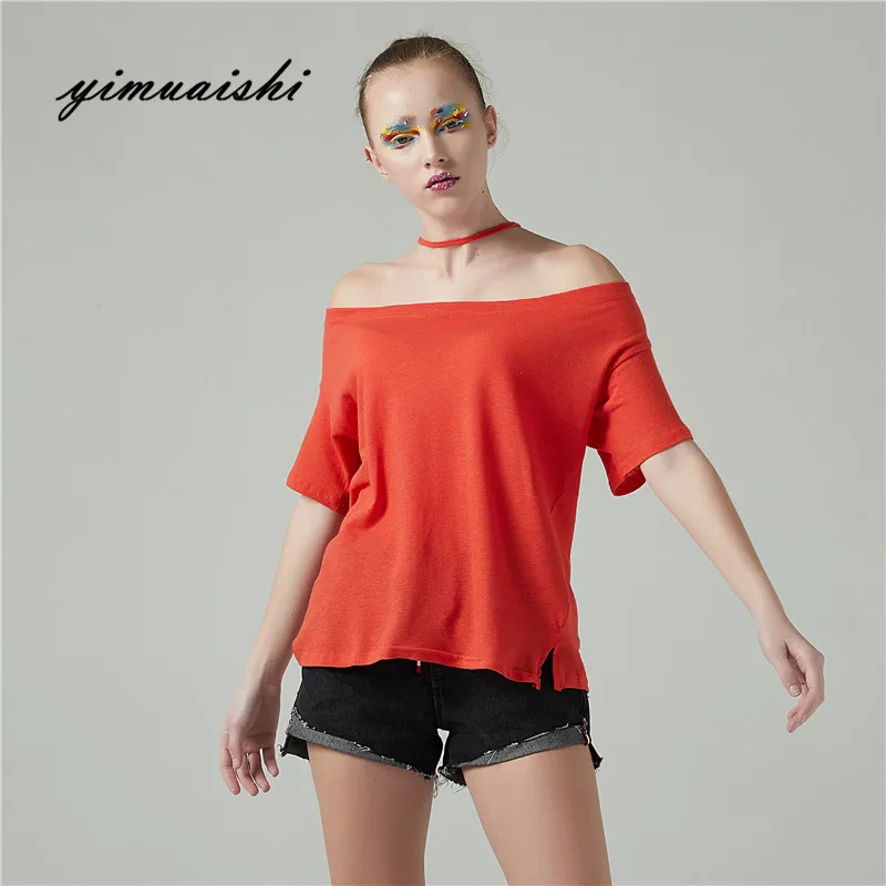 Summer Off Shoulder T-Shirt For Women Sexy Neck Cotton Short Sleeve Tee Shirt Casual Tshirts Female Top Both sides wear | Женская одежда