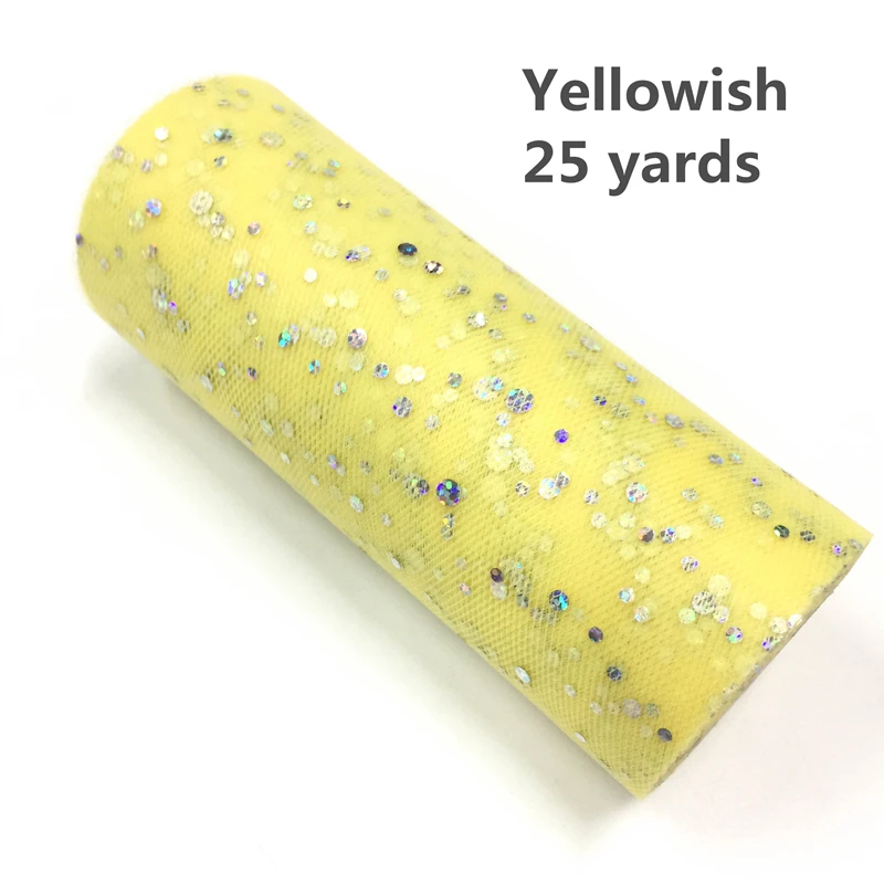 Yellowish Белый розовый блеск рулон тюля с блестками 25 ярдов 15 см катушка пачка Свадебная отделка органзы лазер DIY ремесло день рождения поставки - Цвет: Yellowish