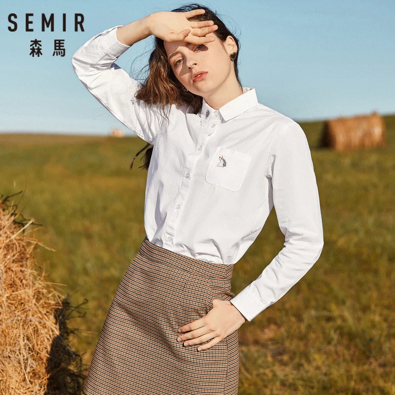 Женская блузка SEMIR 100% хлопок приталенная вышитая рубашка нагрудный карман