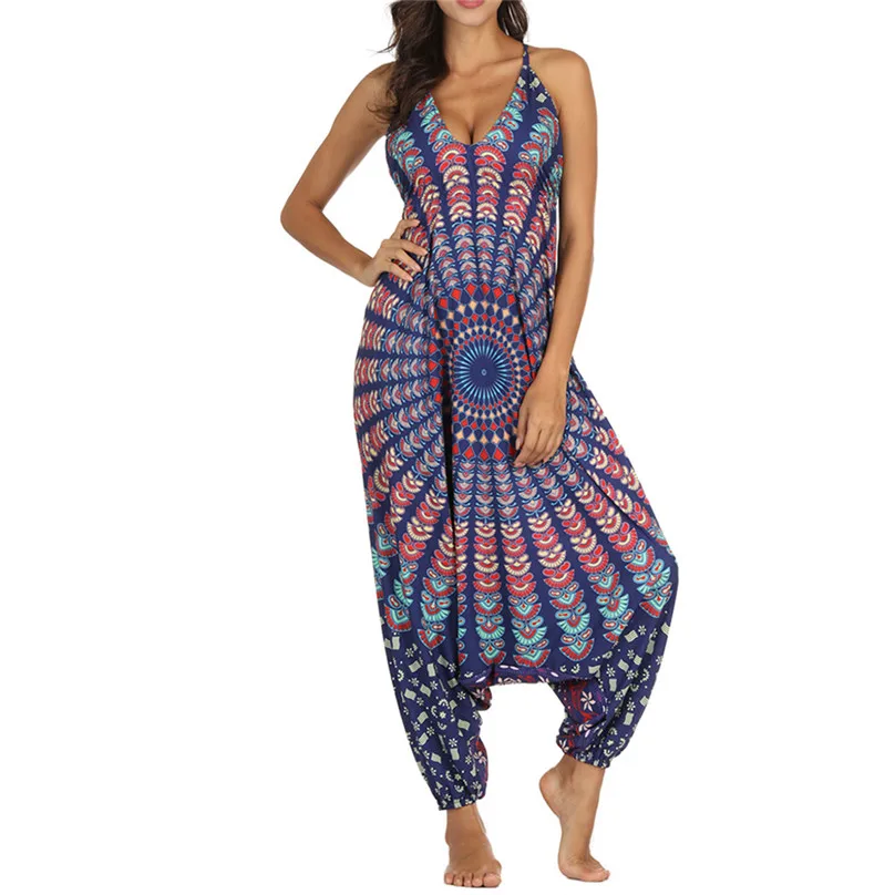 Jumpsuits Комбинезоны размера плюс, элегантный винтажный женский комбинезон с v-образным вырезом, Свободный комбинезон для бега, шаровары, мешковатые брюки Palazzo truse mono largo 4EM - Цвет: Jumpsuits