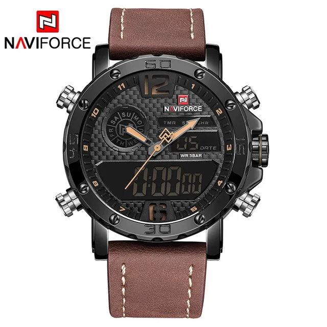 NF9134BYBN NAVIFORCE мужские часы от роскошного бренда мужские кожаные спортивные часы мужские кварцевые светодиодный цифровые часы водонепроницаемые военные наручные часы - Цвет: NF9134BYBN