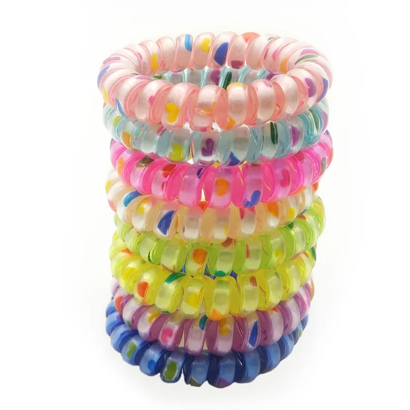 

Lots 4Pcs Random Colors Size 5CM Hair Bands Elastic Heart Print Telephone Wire Ties Plastic Rope Accessory